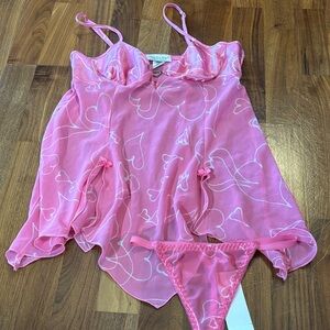 Pink Heart Print Sheer Chemise and Thong - Women Intimates